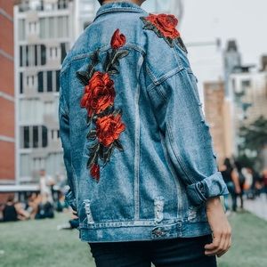 Rose Embroidered Oversize Denim Jacket